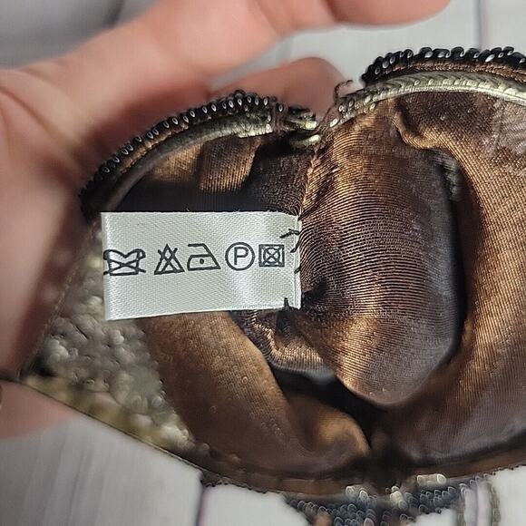 Beaded Hand Purse Vintage Antique Brown W/ Black Beads Metal Clasp/Chain - Picture 8 of 10